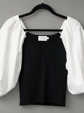 TANYA TAYLOR Misha Knit V-Neck Balloon Sleeve Blouse, Black & White SZ Medium